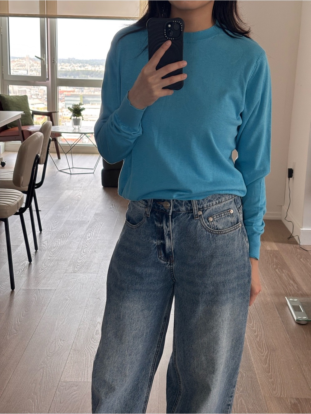 Zara Silk Crewneck Sweater in Turquoise Blue